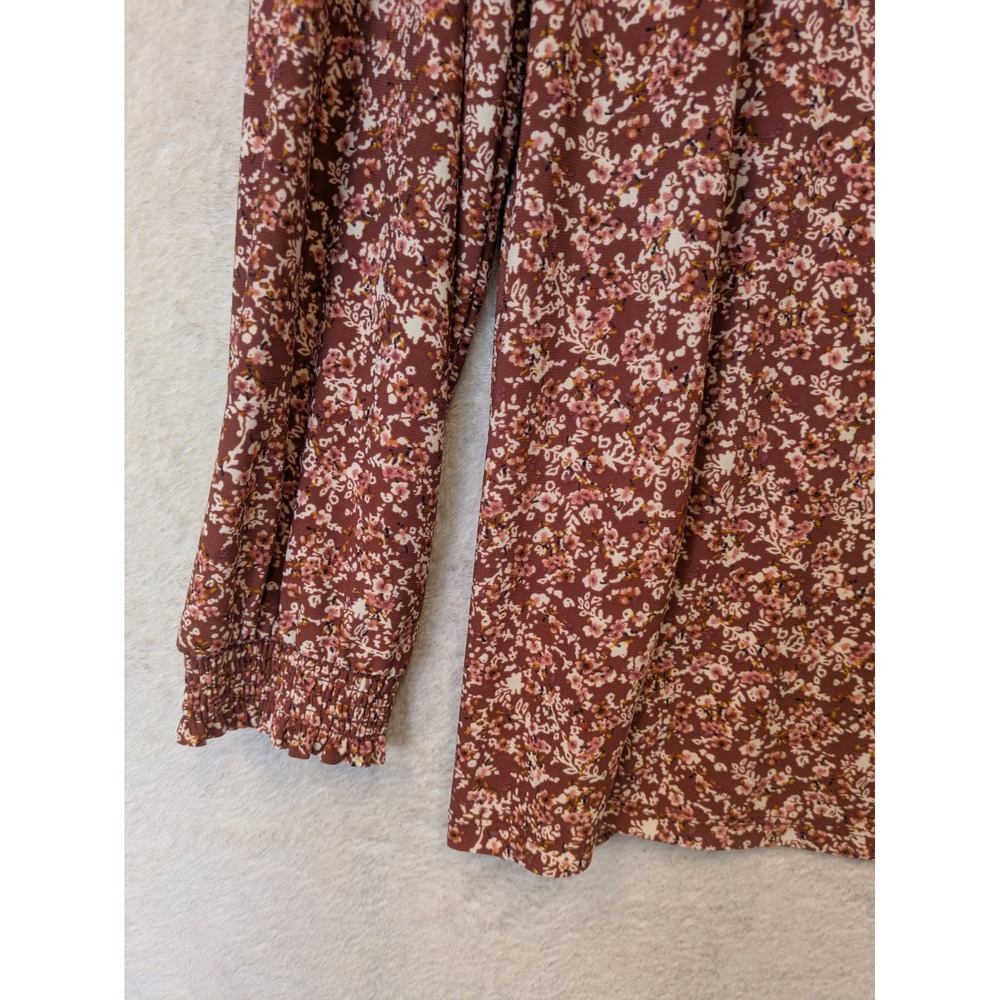 Anne Klein Blouse Women's XL Burgundy Floral Smocked Mock Neck Long Sleeve - Picture 2 of 11